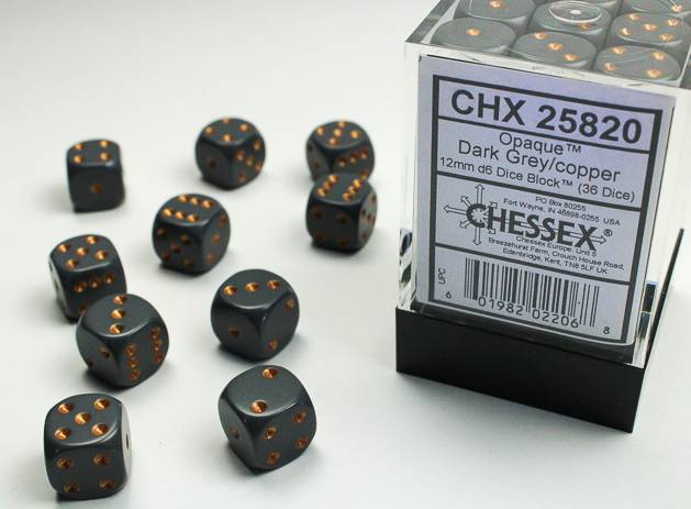 Sada 36 D6 12mm kostek Chessex - Opaque Dark Grey/copper - 25820