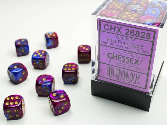 Sada 36 D6 12mm kostek Chessex - Gemini Blue-Purple/gold - 26828