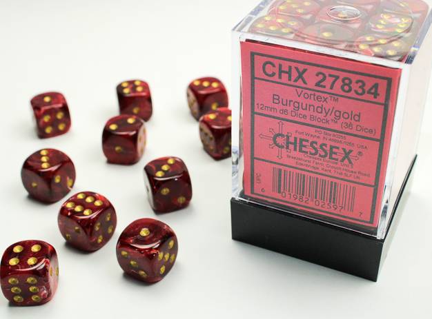 Sada 36 D6 12mm kostek Chessex - Vortex Burgundy/gold  - 27834