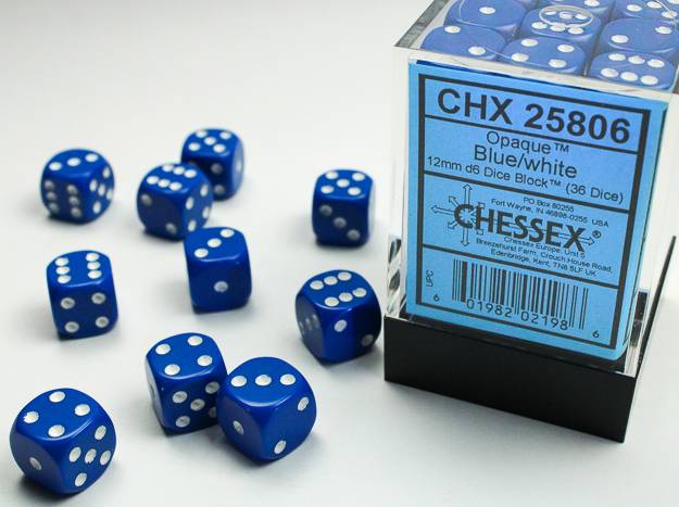 Sada 36 D6 12mm kostek Chessex - Opaque Blue/white - 25806
