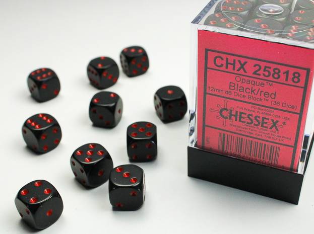 Sada 36 D6 12mm kostek Chessex - Opaque Black/red - 25818