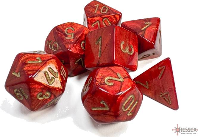 Sada 7 kostek Chessex - Scarab Scarlet / gold - 27414