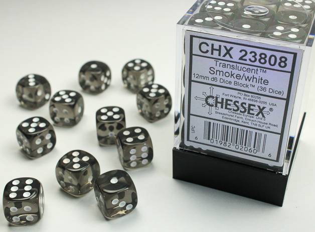 Sada 36 D6 12mm kostek Chessex - Translucent Smoke/white - 23808