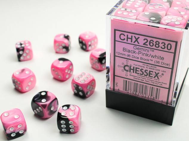 Sada 36 D6 12mm kostek Chessex - Gemini Black-Pink/white - 26830