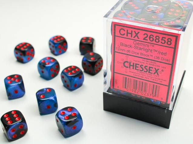 Sada 36 D6 12mm kostek Chessex - Gemini Black-Starlight/red - 26858