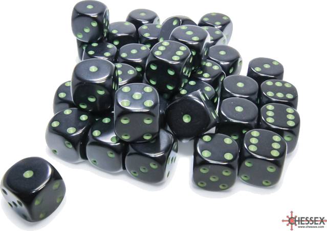 Sada 36 D6 12mm kostek Chessex - Opaque Black/green - 25858