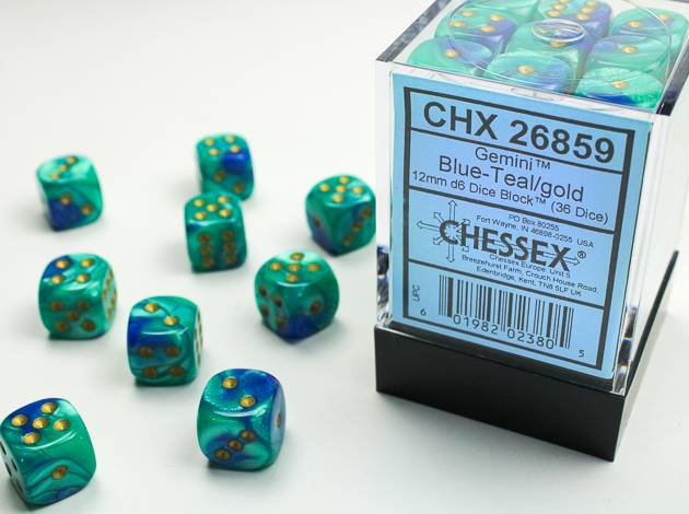 Sada 36 D6 12mm kostek Chessex - Gemini Blue-Teal/gold  - 26859