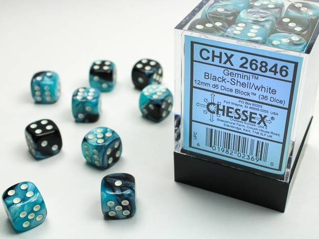 Sada 36 D6 12mm kostek Chessex - Gemini Black-Shell/white  - 26846