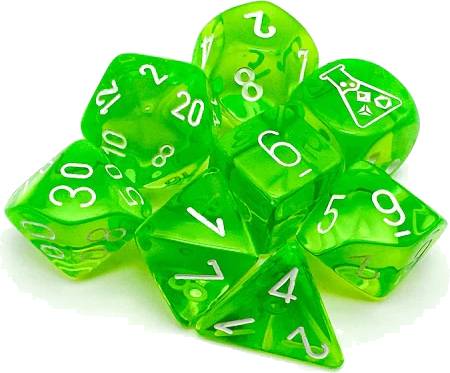 Sada 8 kostek Chessex Lab Dice průhledná zelená/bílá - 30062