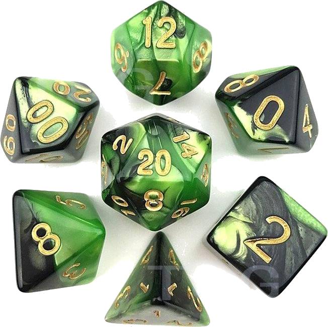 Sada 7 dvoubarevných perleťových kostek pro RPG Barva: zelená / černá