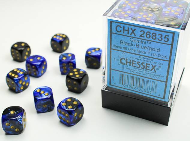 Sada 36 D6 12mm kostek Chessex - Gemini Black-Blue/gold - 26835