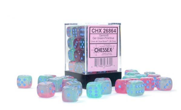 Sada 36 D6 12mm kostek Chessex -  Gemini Gel Green-Pink/blue Luminary - 26864