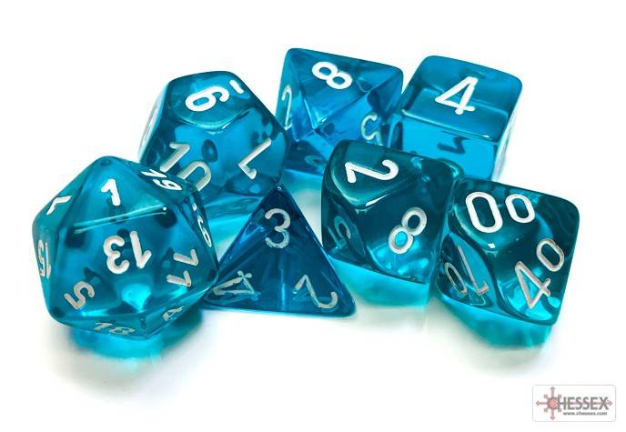 Sada 7 kostek Chessex - Translucent Teal / white - 23085