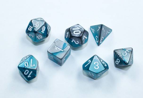 Sada 7 mini kostek Chessex - Gemini Steel - Teal / white  - 20656