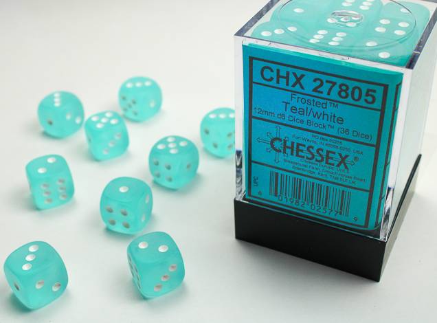 Sada 36 D6 12mm kostek Chessex - Frosted Teal/white - 27805