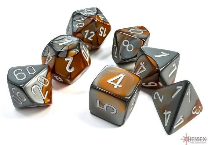 Sada 7 kostek Chessex - Gemini Copper - Steel / white- 26424