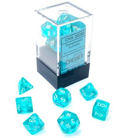 Sada 7 mini kostek Chessex - Translucent Teal / white - 20385