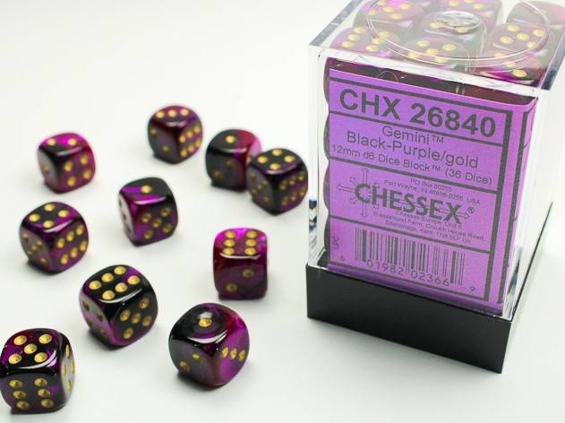 Sada 36 D6 12mm kostek Chessex - Gemini Black-Purple/gold - 26840