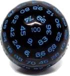 Černá neprůhledná stostěnná kostka s modrými čísly (K100)