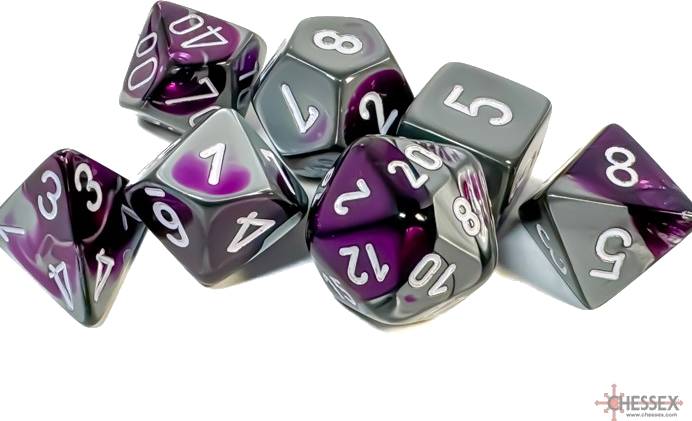 Sada 7 kostek Chessex - Purple - Steel / white- 26432