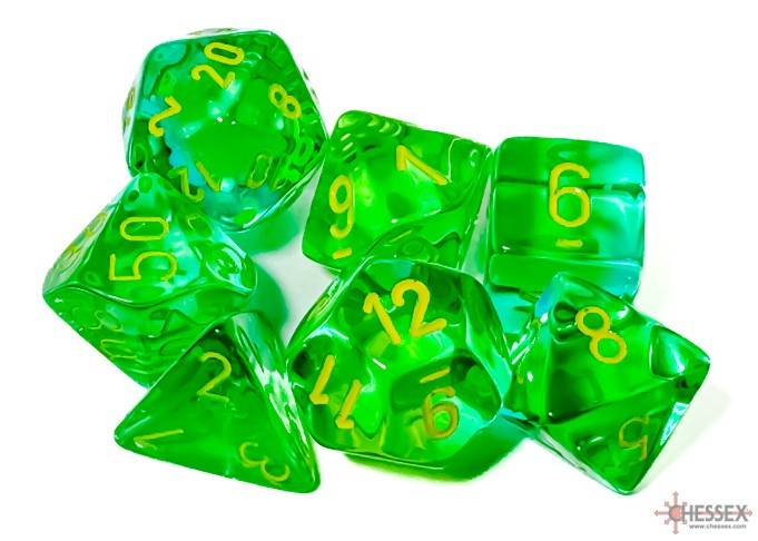 Sada 7 kostek Chessex - Gemini Translucent Green - Teal / yellow - 26466
