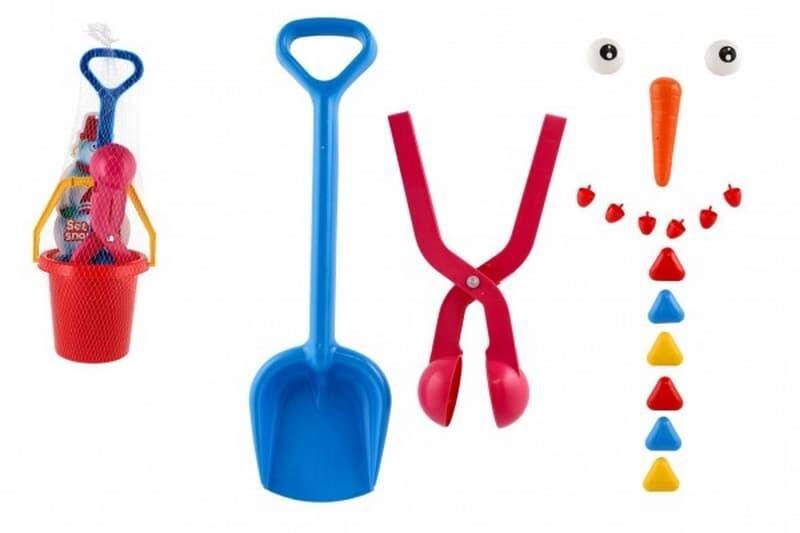 Sada na stavění sněhuláka plast kbelík, tvořítko na koule, lopatka, mrkev, knoflíky v síťce 20x49cm