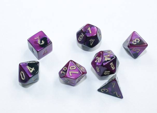 Sada 7 mini kostek Chessex - Gemini Black - Purple / gold - 20640