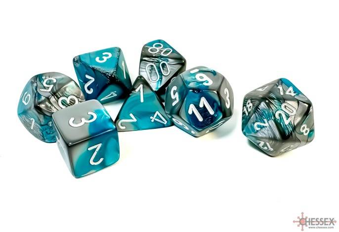 Sada 7 kostek Chessex - Gemini Steel - Teal / white - 26456