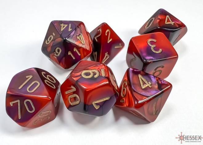 Sada 7 kostek Chessex - Gemini Purple-Red / gold - 26426