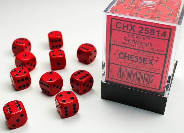 Sada 36 D6 12mm kostek Chessex - Opaque Red/black - 25814