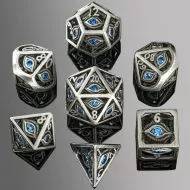 Dragons Eye Hollow Mini 10mm Metal Dice Set - Ancient Silver with Blue Gems (7)