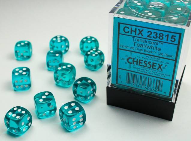 Sada 36 D6 12mm kostek Chessex - Translucent Teal/white - 23815