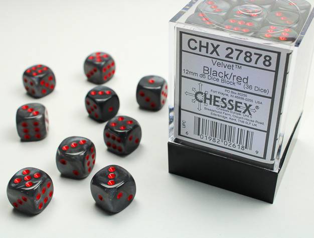 Sada 36 D6 12mm kostek Chessex - Velvet Black/red  - 27878