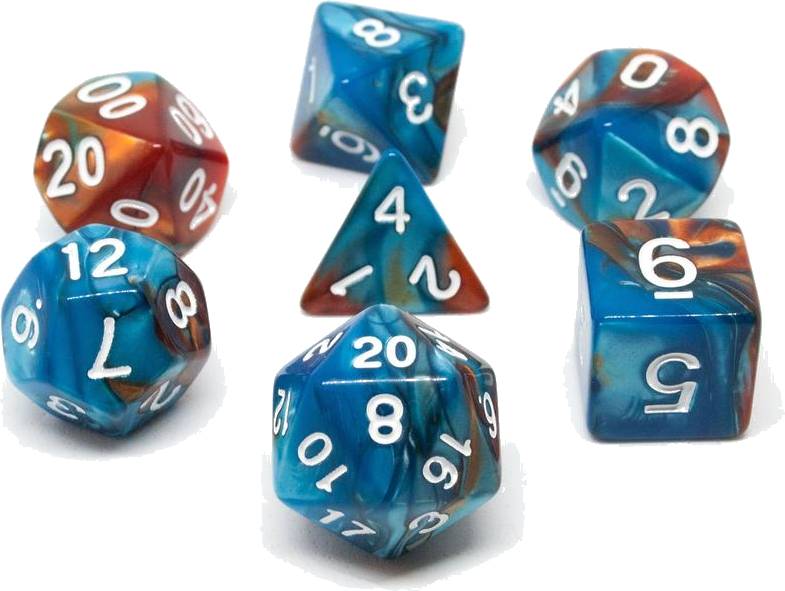 Sada 7 dvoubarevných perleťových kostek pro RPG Barva: azurová / bronzová