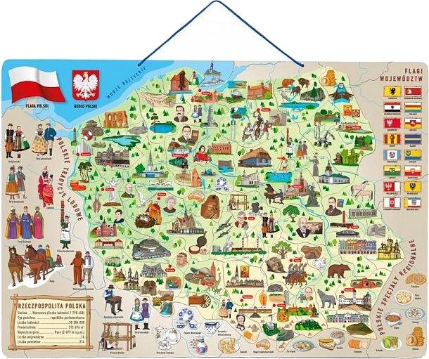 Magnetická mapa Polska s obrázky a společenská hra 3v1