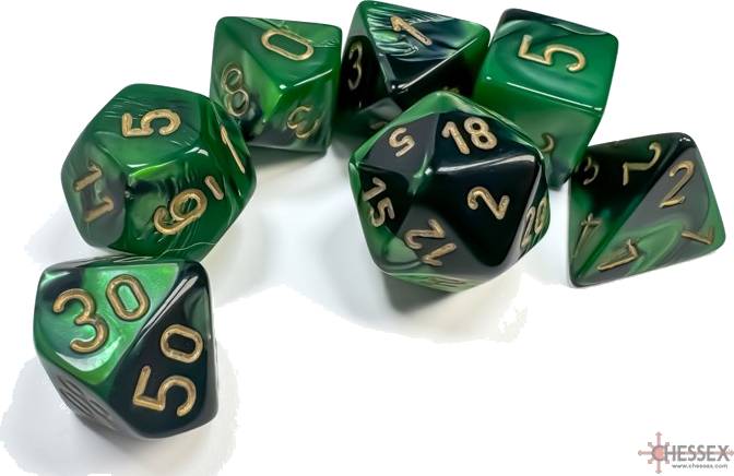 Sada 7 kostek Chessex - Gemini Black - Green / gold- 26439