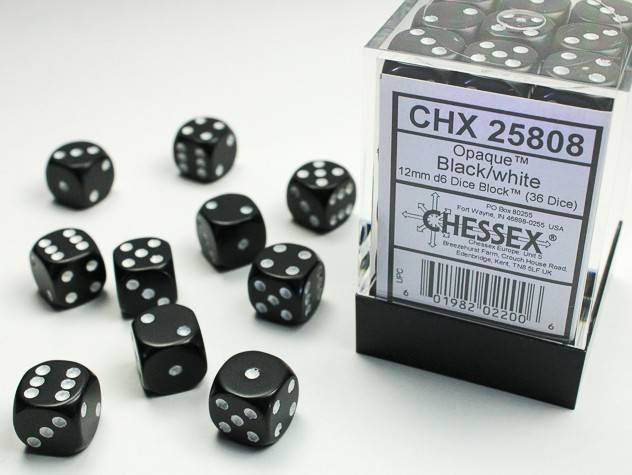 Sada 36 D6 12mm kostek Chessex - Opaque Black/white - 25808