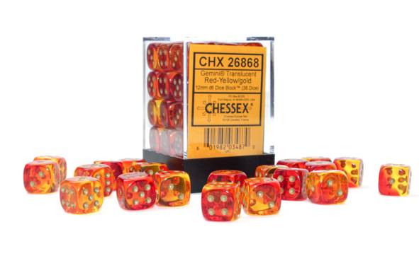 Sada 36 D6 12mm kostek Chessex - Gemini Translucent Red-Yellow/gold - 26868