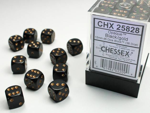 Sada 36 D6 12mm kostek Chessex -  Opaque Black/gold - 25828