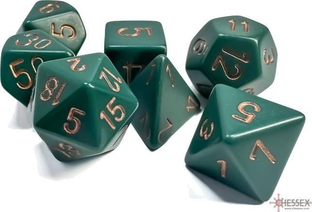 Sada 7 kostek Chessex - Tmavě zelená / Měděná - 25415