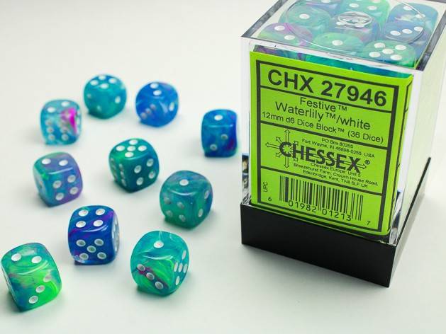Sada 36 D6 12mm kostek Chessex -  Festive Waterlily/white - 27946
