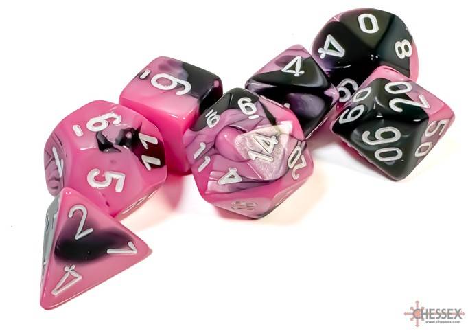 Sada 7 kostek Chessex - Gemini Black - Pink / white- 26430