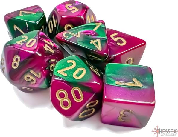 Sada 7 kostek Chessex - Gemini Green-Purple / gold- 26434