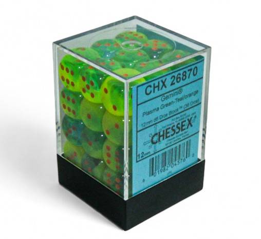 Sada 36 D6 12mm kostek Chessex - Gemini Plasma Green-Teal/orange - 26870