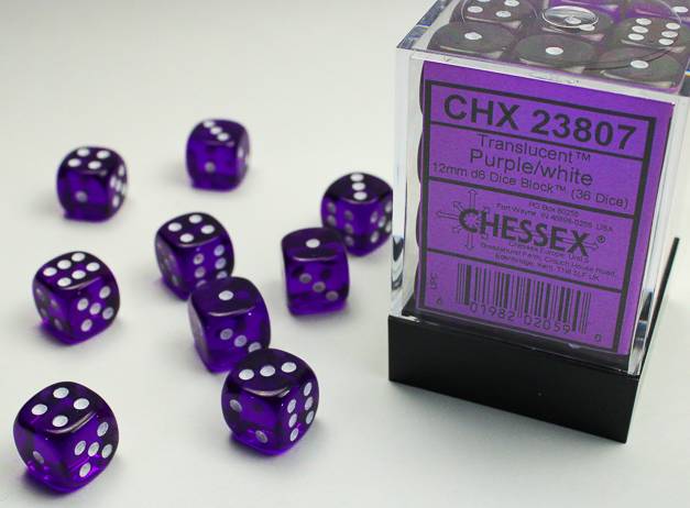 Sada 36 D6 12mm kostek Chessex - Translucent Purple/white - 23807