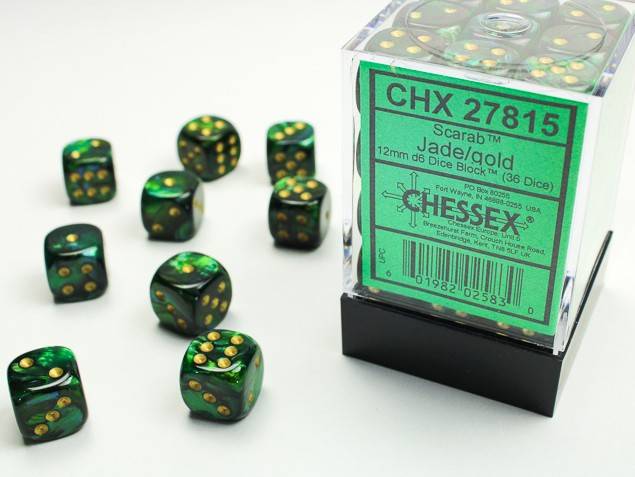Sada 36 D6 12mm kostek Chessex -  Scarab Jade/gold - 27815