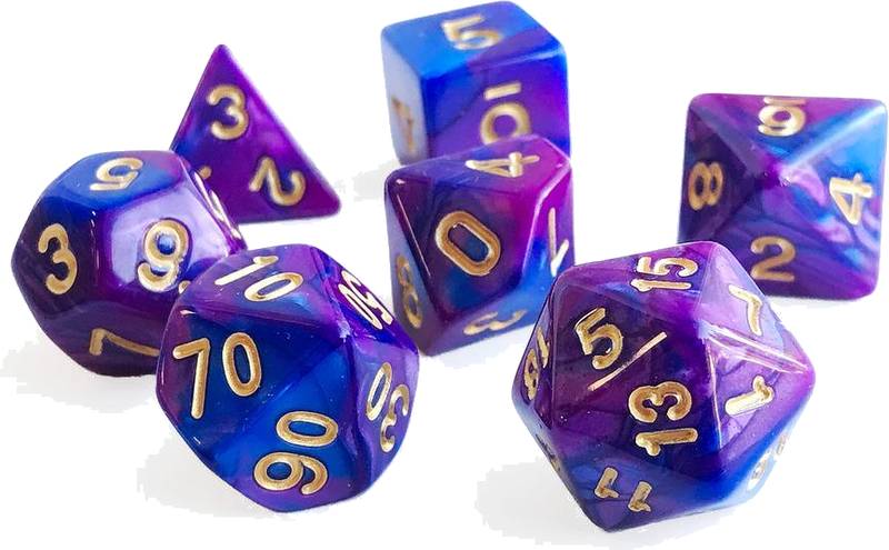 Sada 7 dvoubarevných perleťových kostek pro RPG Barva: modrá / fialová