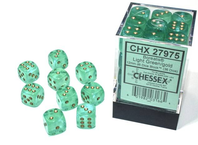 Sada 36 D6 12mm kostek Chessex -  Borealis Light Green/gold Luminary - 27975