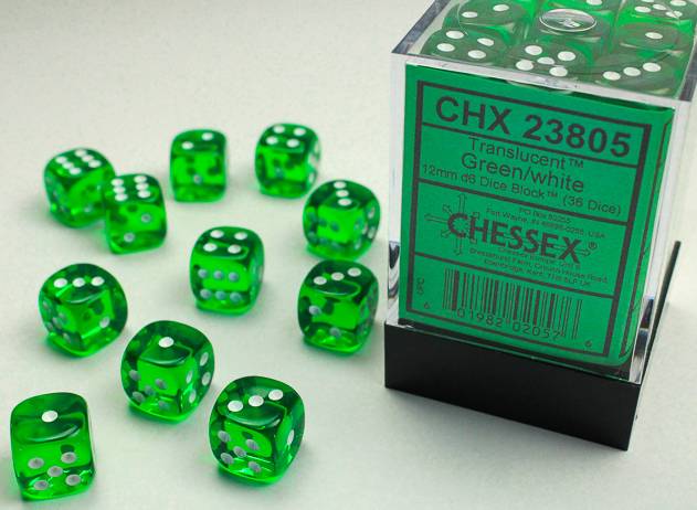 Sada 36 D6 12mm kostek Chessex - Translucent Green/white - 23805