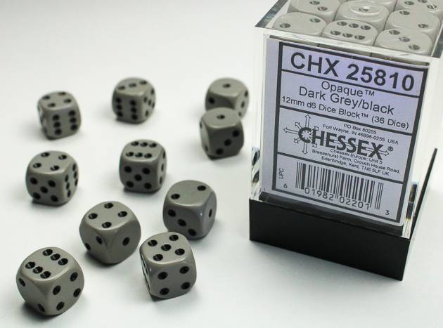 Sada 36 D6 12mm kostek Chessex - Opaque Dark Grey/black - 25810